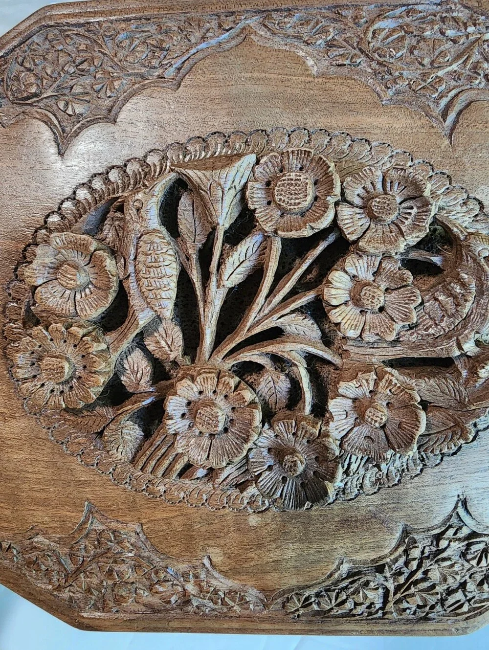 Vintage Mid Century Hand Carved Natural Wood Jewelry Box 2 Lined Layers